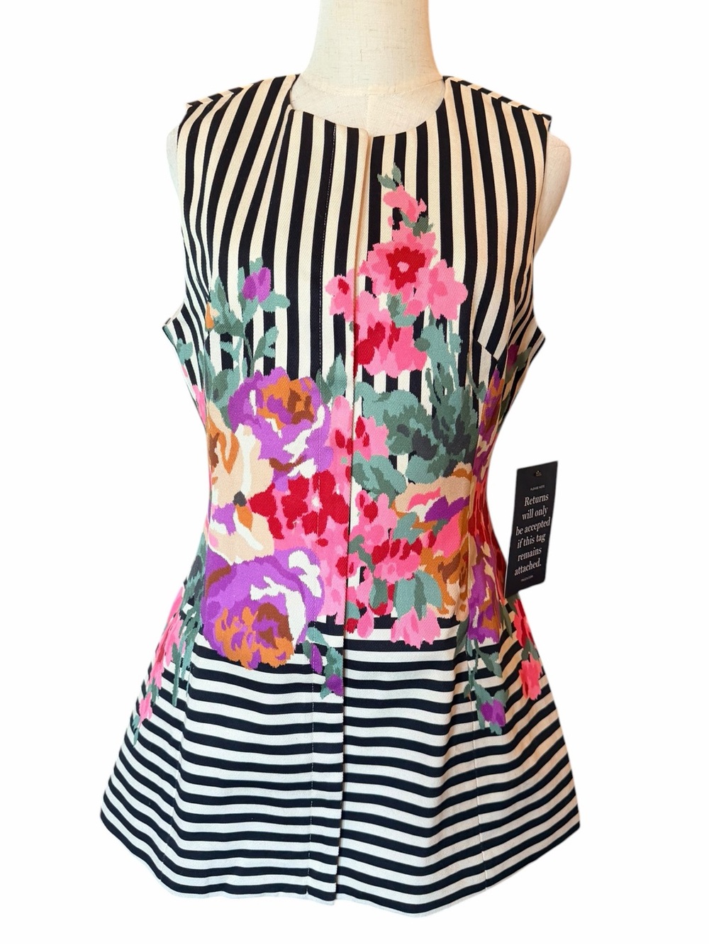 Tuckernuck Structured Rhoda Tunic Top Floral Stripe Black White Sz 8 NWT - Picture 5 of 12